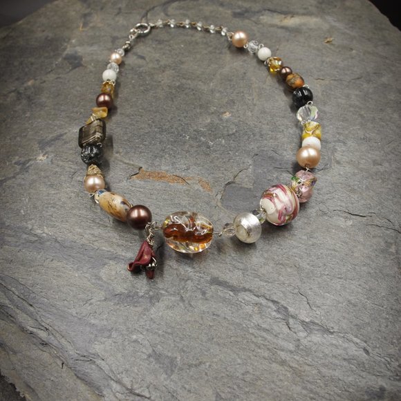 Mixed Lampwork Necklace on Wire with Handmade Polymer Clay Flower - OOAK - Picture 5 of 6